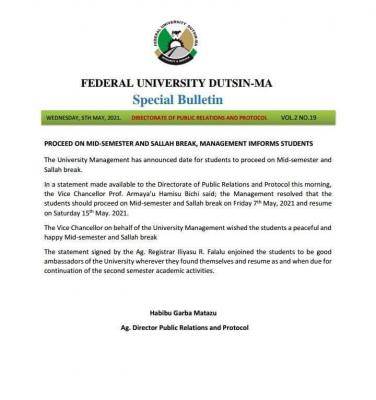 FUDMA announces mid-semester and Sallah break
