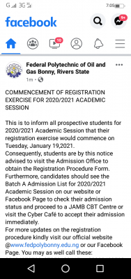 Federal Polytechnic of Oil and Gas, Bonny notice to new students on registration