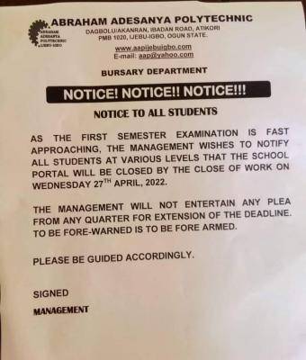 Abraham Adesanya Polytechnic notice on closure of portal