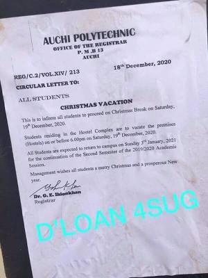 Auchi poly notice on Christmas vacation
