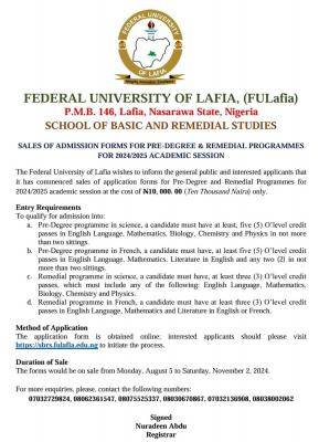 FULAFIA SBRS Pre-Degree & Remedial Admission Registration 2024/2025