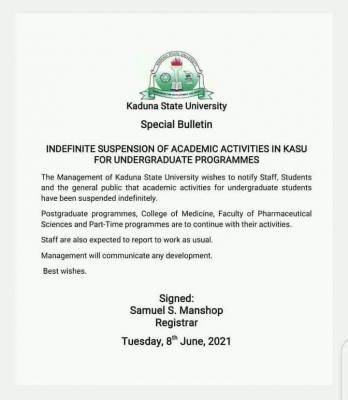 KASU suspends undergraduate academic activities indefinitely
