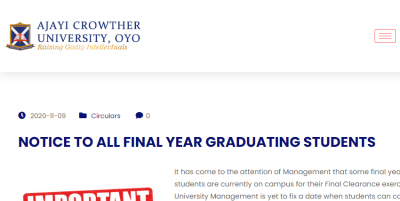 Ajayi Crowther University notice to final year students