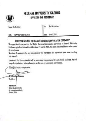 FUGASHUA postpones maiden convocation ceremony till further notice