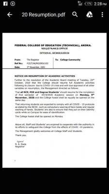 Federal College of Education Akoka announces resumption date