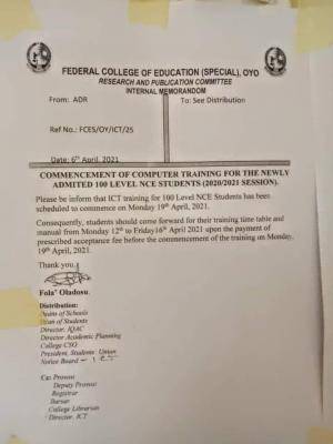 FCE (Special) Oyo notice on ICT training for newly Admitted 100L NCE Students