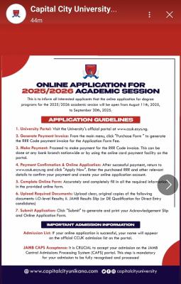 Capital City University Post-UTME/DE 2025: Cut-off mark, Eligibility and Registration details