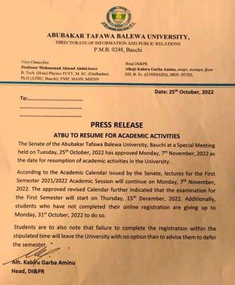 ABTU announces resumption of academic activities