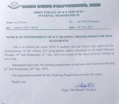 OSPOLY postpones HND II ICT training programme