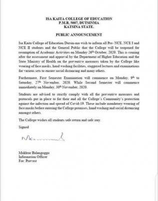 Isa kaita college of education resumption date