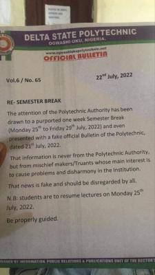Delta State Polytechnic notice on fake bulletin