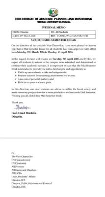 FUDMA Management approves Mid-Semester break