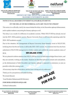 BUK notice to students regarding the delayed NELFUND payments