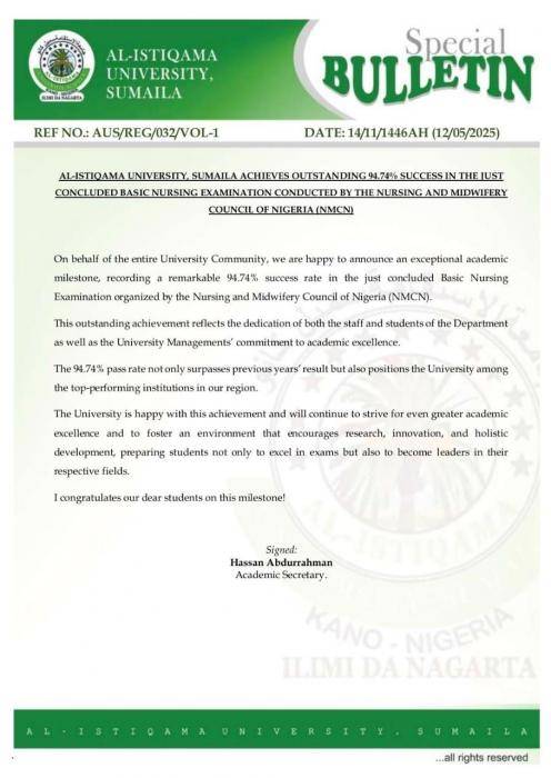 Al-Istiqama University, Sumaila achieves 94.74% success rate in Basic Nursing examination