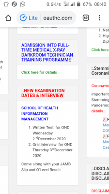 OAUTHC new 2020 entrance exam and interview dates for SHIM