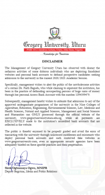 Gregory University scam alert notice to students