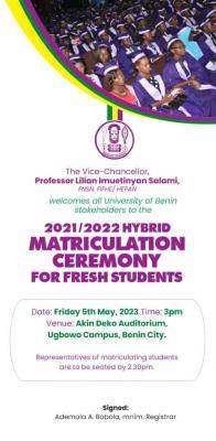 UNIBEN matriculation ceremony for fresh students, 2021/2022 holds 5th May
