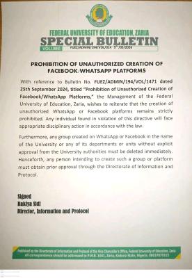 FUE Zaria reiterates ban on unauthorized creation of Facebook/WhatsApp Platforms