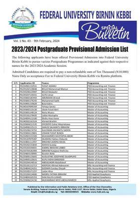FUBK Postgraduate Admission List 2023/2024 is out