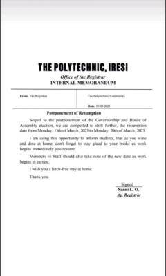 The Polytechnic Iresi notice on postponement of resumption