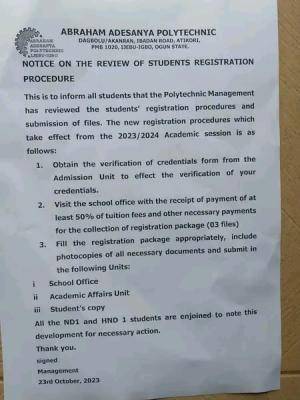 Abraham Adesanya Poly notice on review of students registration procedure