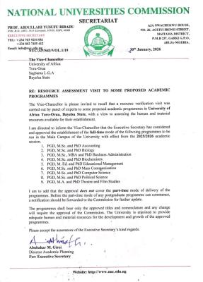 University of Africa, Toru-Orua gets NUC's approval for new postgraduate programmes