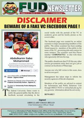 FUDUTSE disclaimer notice on fake VC's Facebook page