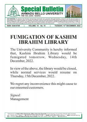 ABU notice on closure of Kashim Ibrahim Library for fumigation