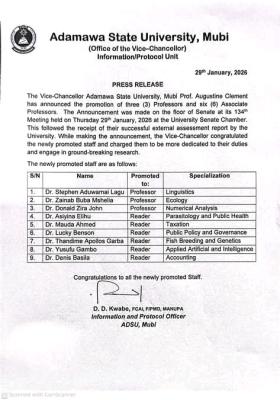 ADSU Promotes Three Professors and Six Associate Professors