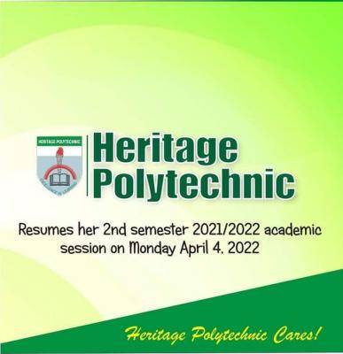 Heritage Polytechnic 2nd semester Resumption date, 2021/2022
