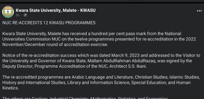 KWASU gets accreditation for 12 progrmmes