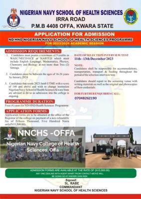 Nigerian Navy School of Health Sciences, Kwara admission form, 2023/2024