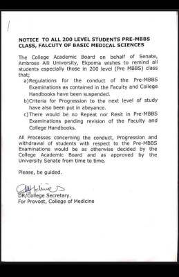 AAU notice to 200 level students Pre-MBBS class