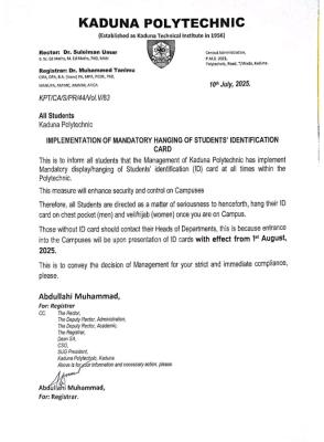 KADPOLY implements mandatory display of students' ID Card