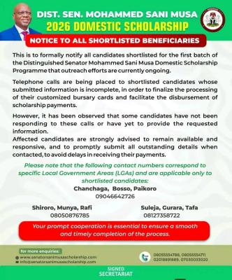 Senator Mohammed Sani Musa notice to 2026 Domestic Scholarship Beneficiaries