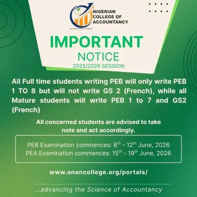 Nigerian College of Accountancy notice on PEB and PEA examinations