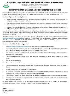 FUNAAB Post-UTME 2026: Cut off mark, Eligibility and Registration Procedures