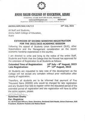 Aminu Saleh COE extends 2nd semester registration, 2022/2023