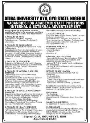 Atiba University, Oyo announces academic staff receruitment