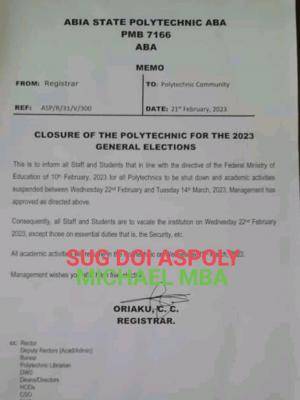 Abia State Poly announces closure for upcoming 2023 General Election