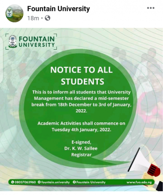 Fountain University notice to all students on mid-semester break