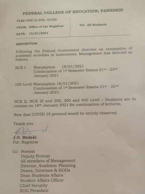 FCE pankshin notice on resumption and continuation of semester exams