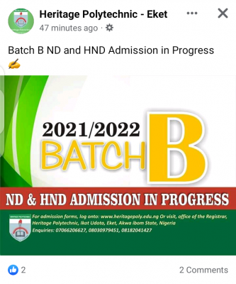 Heritage Polytechnic admissions for 2021/2022 session (BATCH B)