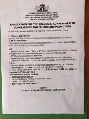 FSB notice on Commonwealth Scholarship and Fellowship Plan (CSFP), 2026/2027