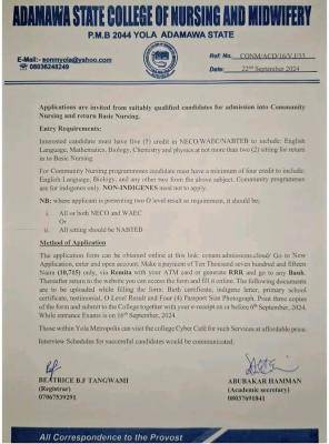 Adamawa State College of Nursing Sciences Community & Basic Nursing admission, 2024/2025