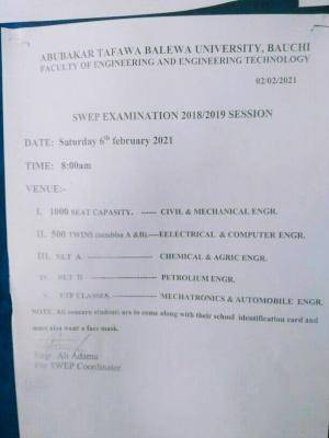 ATBU Faculty of Engineering SWEP exams venues, 2018/2019