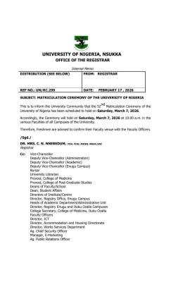 UNN announces 52nd Matriculation Ceremony