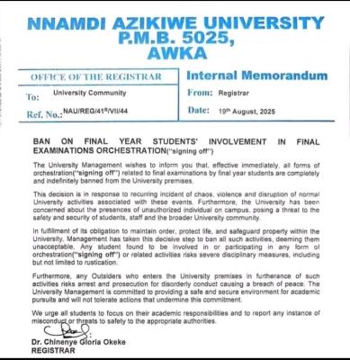 UNIZIK bans final year students'
