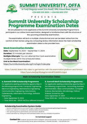 Summit University Scholarship programme examination dates, 2024