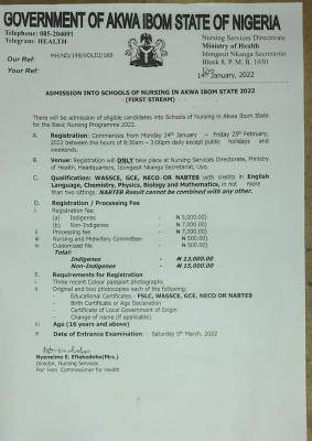 Akwa Ibom State School of Nursing admission form 2022 (1st Stream)